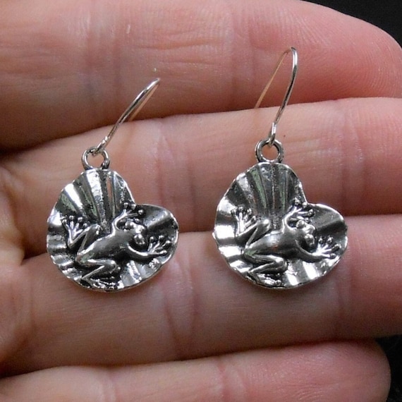 Silver Frog Earrings Frog Dangles Silver Frog Dangles Lily Pad