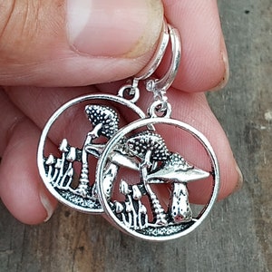 Silver Mushroom Earrings, Mushroom Silhouette Earrings, Mushroom Dangles, Woodland Mushroom Earrings, Cottage Mushroom Earrings image 3