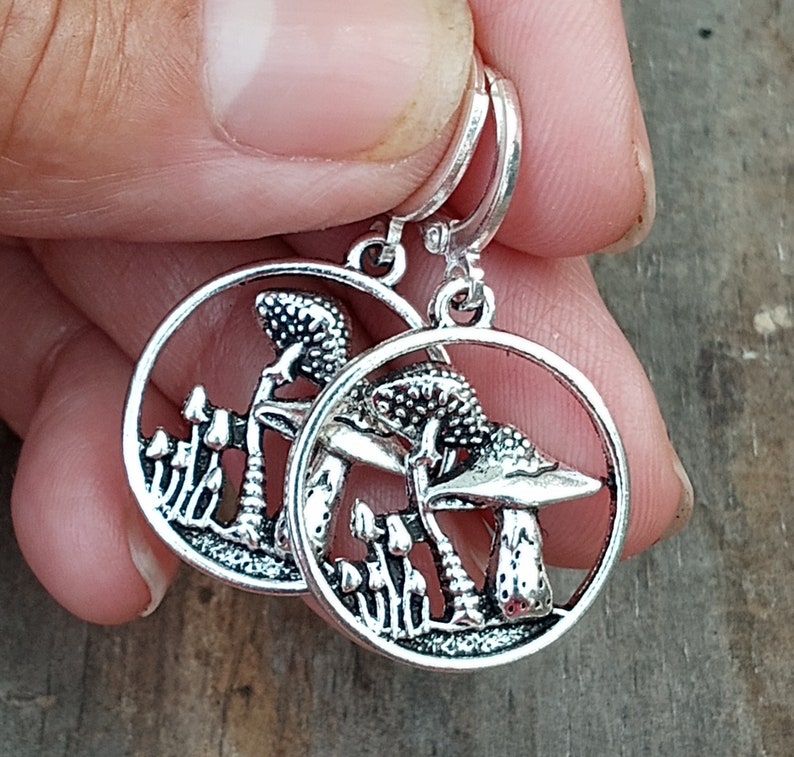 Silver Mushroom Earrings, Mushroom Silhouette Earrings, Mushroom Dangles, Woodland Mushroom Earrings, Cottage Mushroom Earrings image 3