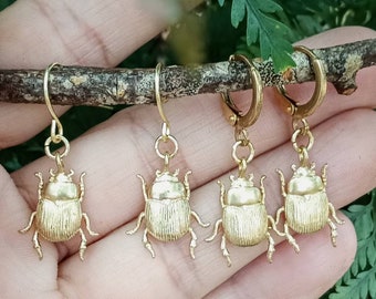 Gold Beetle Dangles, Gold Bug Earrings, Gold Scarab Jewelry, Gold Scarab Earrings, Insect Dangles, Egyptian Scarab Earrings, Entomology Gift