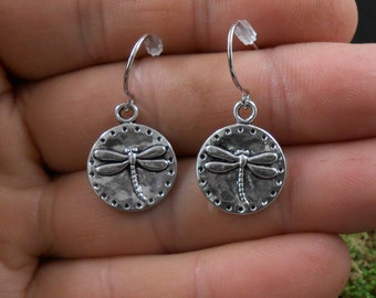 Silver Dragonfly Earrings, Dragonfly Circle Earrings, Dragonfly Dangles