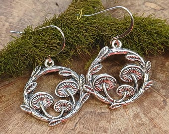 Mushroom Dangle Earrings, Wreath Mushroom Earrings, Mushroom Earrings, Pewter Mushroom Earrings, Silver Mushroom Earrings