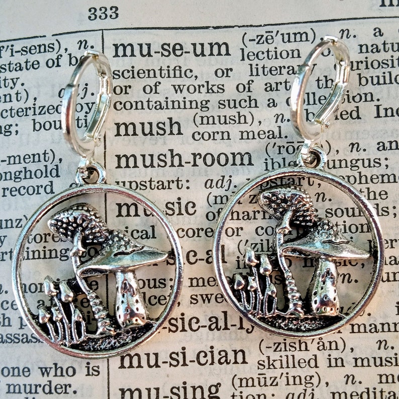 Silver Mushroom Earrings, Mushroom Silhouette Earrings, Mushroom Dangles, Woodland Mushroom Earrings, Cottage Mushroom Earrings image 4