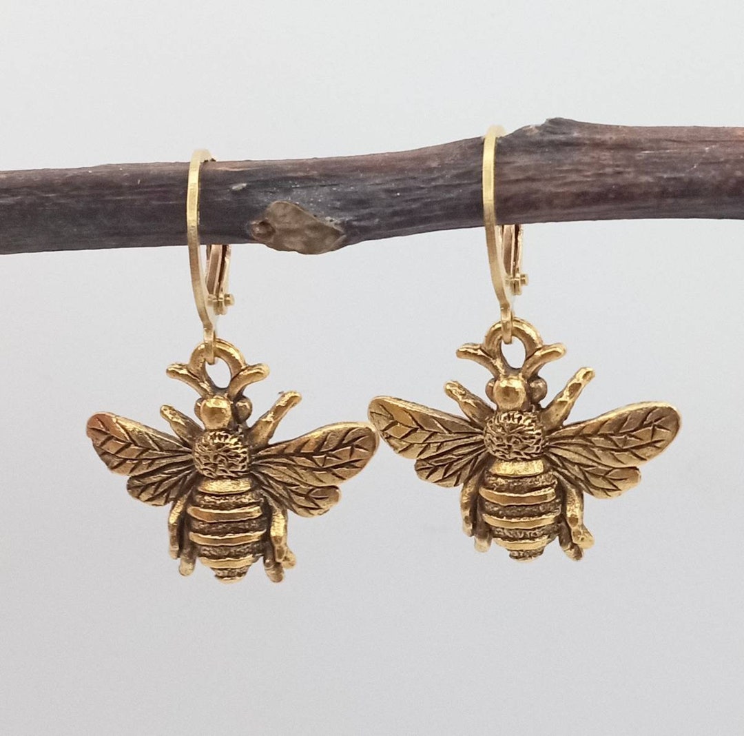 Gold Bee Earrings, Gold Bee Dangles, Honey Bee Earrings, Lever Back Bee