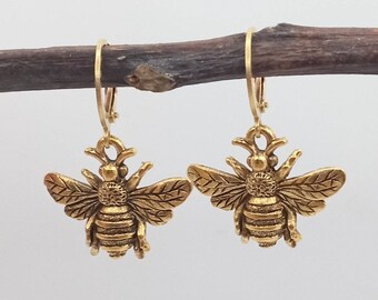 Gold Bee Earrings, Gold Bee Dangles, Honey Bee Earrings, Lever Back Bee Earrings, Minimalist Bee Dangles