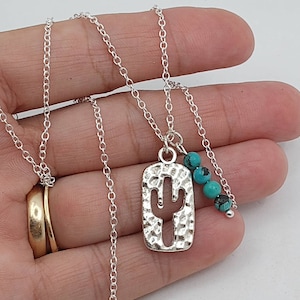 Silver Cactus Pendant, Turquoise Cactus Necklace, Saguaro Cactus Necklace