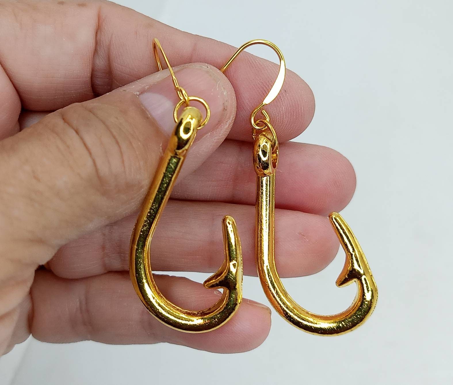 Large Gold Fishing Hook Earrings, Gold Fishing Earrings, Fishing Tackle  Earrings 