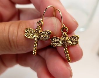 Gold Dragonfly Earrings: Minimalist Dragonfly Dangles, Delicate Insect Jewelry