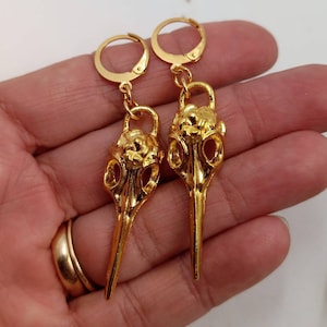 Gold Raven Skull Jewelry, Gold Bird Skull Earrings, Goth Bird Skull Dangles, Gold LARP Jewelry, Gold Bird Earrings