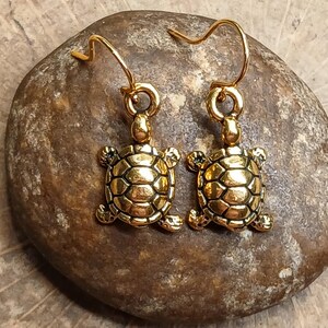 Gold Turtle Dangle Earrings: Tortoise Lover Jewelry