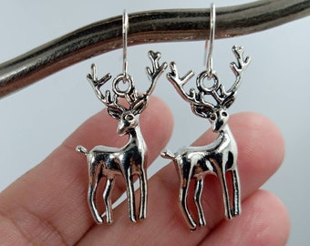Silver Deer Earrings, Whitetail Earrings,  Deer Jewelry, Reindeer Dangles, Deer Earrings, Reindeer Jewelry
