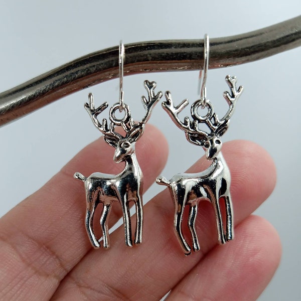 Silver Deer Earrings, Whitetail Earrings,  Deer Jewelry, Reindeer Dangles, Deer Earrings, Reindeer Jewelry