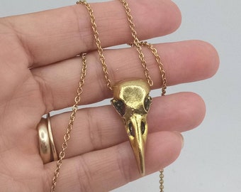 Bird Skull Necklace, Gold Bird Skull Pendant, Goth Bird Necklace, Pagan Bird Jewelry