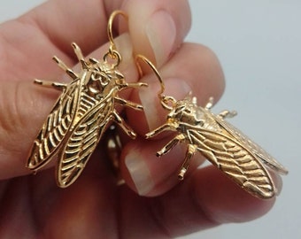 Gold Cicada Dangle Earrings: Brood X Insect Jewelry