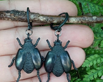 Black Insect Earrings, Beetle Earrings, Black Bug Jewelry, Goth Bug Dangles, Gothic Insect Jewelry, Entomology Earrings