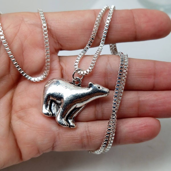 Polar Bear Necklace, Silver Polar Bear Pendant, Polar Bear Jewelry, Silver Bear Necklace, Christmas Bear Pendant