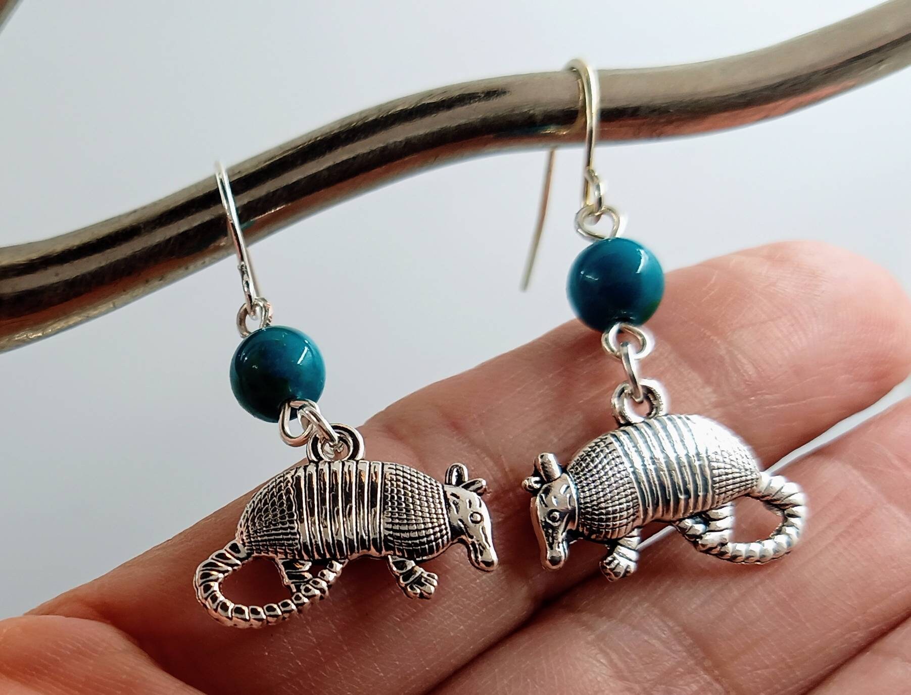 Armadillo Earrings with Australian Jasper Beads, Silver Armadillo Earrings with Jasper Beads, Armadillo Earrings with Natural Jasper Beads