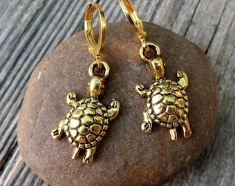 Gold Turtle Earrings, Tortoise Dangles, Gold Turtle Jewelry, Sulcata Tortoise Earrings, Turtle Lover Jewelry, Small Turtle Dangles