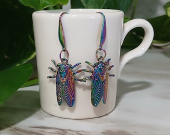 Rainbow Cicada Earrings, Rainbow Cicada Dangles, Colorful Cicada Earrings, LGBTQ Cicada Dangles, Rainbow Cicada Jewelry, Cicada Lover Gift