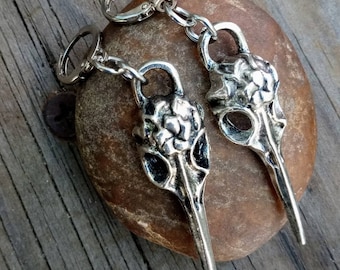 Silvery Pewter Raven Skull Dangle Earrings: Unisex Bird Skull Jewelry