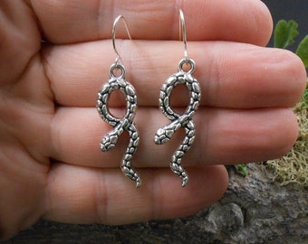 Silver Snake Dangles, Silver Snake Earrings, Snake Lover Jewelry, Reptile Earrings, Pagan Snake Earrings