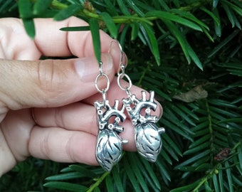 Anatomical Heart Earrings, Silver Anatomy Earrings,Chunky Heart Dangles, Goth Heart Dangles, Cardiology Earrings, Halloween Dangles