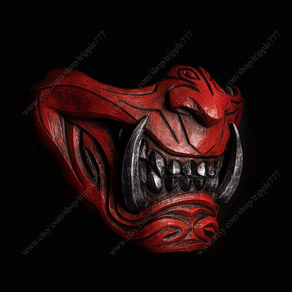 Half Face Samurai Mask Ronin Oni Mempo Japanese Demon Noh for Airsoft Paintball BB Gun Motorcycle Kikadeen Red KK31