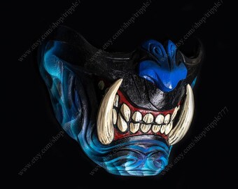 Half Face Samurai Mask Ronin Oni Mempo Japanese Demon Noh for Airsoft Paintball BB Gun Motorcycle Kikadeen Blue Flame KK35
