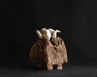 Vaði , Icelandic  ram : Sculpture on driftwood. One of a kind art.Made by Icelandic artist Ása O. Valdimarsdóttir.