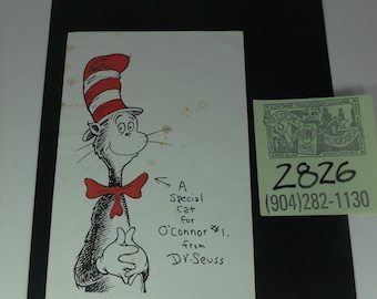 1980's Dr.Seuss/ Cat-In-The-Hat Drawing w/ Dr.Seuss Note and Autograph