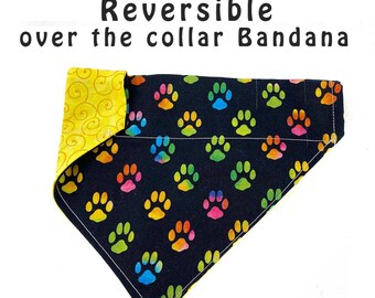Paw Print Design Dog Cat Accessory Slip On Dog Bandana Reversible Personalized Over The Collar Dog Cat Bandana