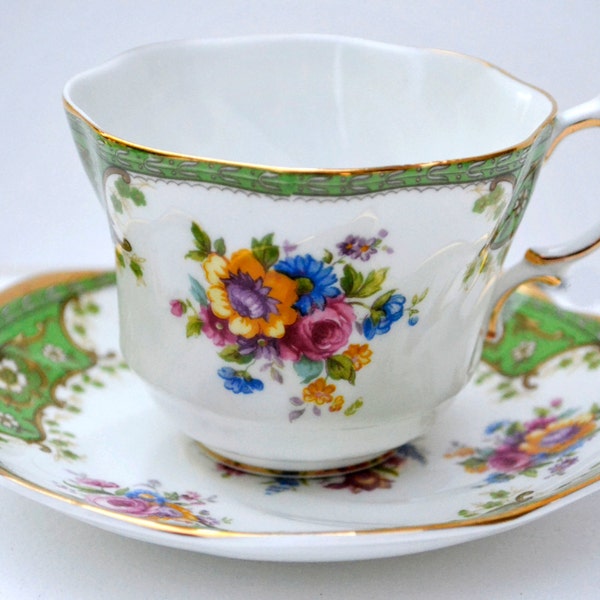 Floral Tea Cup, Royal Ardalt Teacup, Green and Gold Teacup, Bone China, Green and White China, Floral China