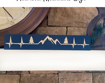 Heartbeat Mountains Sign Carved Wood EKG Mountain Sign Gift for Mountain Lover Climber Nature Rustic Cottage Farmhouse Décor Engraved Sign