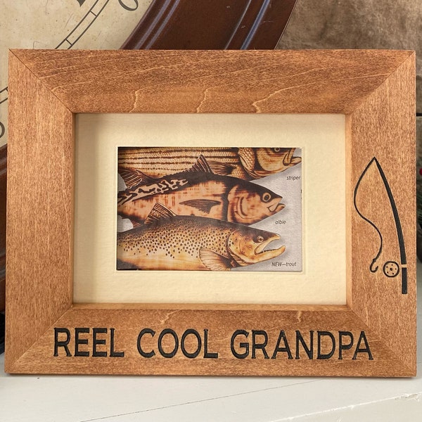 Reel Cool Grandpa Carved Wood Photo Frame Fishing Themes Gift For Grandpa Fisherman Grandfather Picture Frame  Rustic Farmhouse Decor