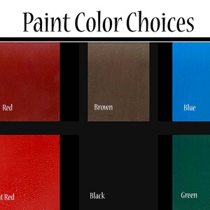 May include: Paint color choices for a project. The colors are dark red, bright red, brown, black, blue, and green.