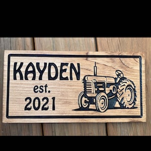 Personalized Carved Engraved Sign, Wood Name Sign, Tractor Wall Hanging Decor, Wooden Child&#39;s Name Birthday Sign Plaque
