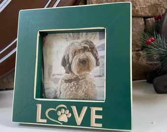 Carved Wood Pet Photo Frame: Paw Print LOVE, Rustic Decor