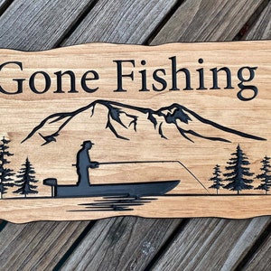 Gone Fishing Wood Sign Rustic Carved Cabin Lake House Sign Gift for Fisherman Boat Pine Tree Cabin Lodge Decor, House Housewarming Gift