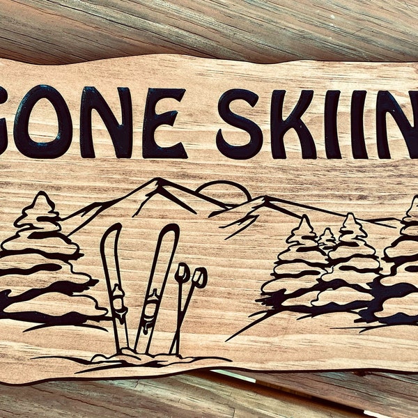 Gone Skiing Sign Wood Rustic Carved Ski Lodge Cabin Sign Gift for Skier Ski House Winter Snow Cabin Lodge Decor, House Housewarming Gift