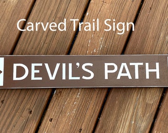 Carved Rustic Hiking Trail Sign, Devil's Path Wood Mountain Décor, Custom Cabin Lodge Chalet Bar Signs , Gifts for Hiker, Personalized Sign