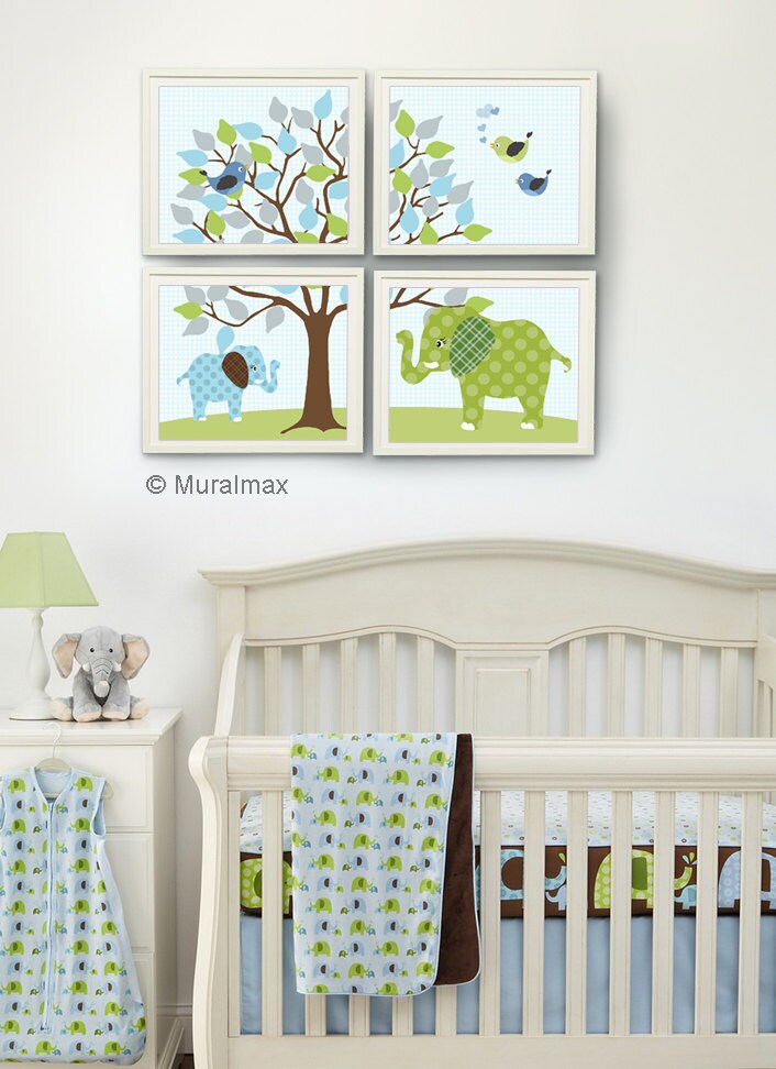 Elephant Nursery Blue and Green Baby Boy Room Nursery prints