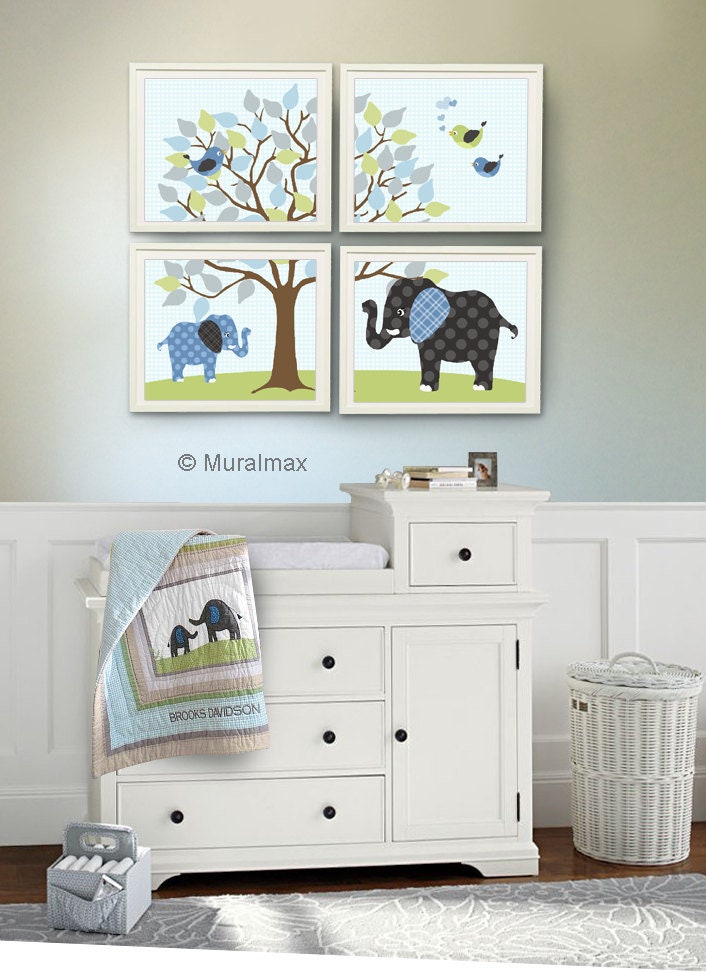 Baby Boy Room Nursery print Baby elephant Blue Green and Etsy