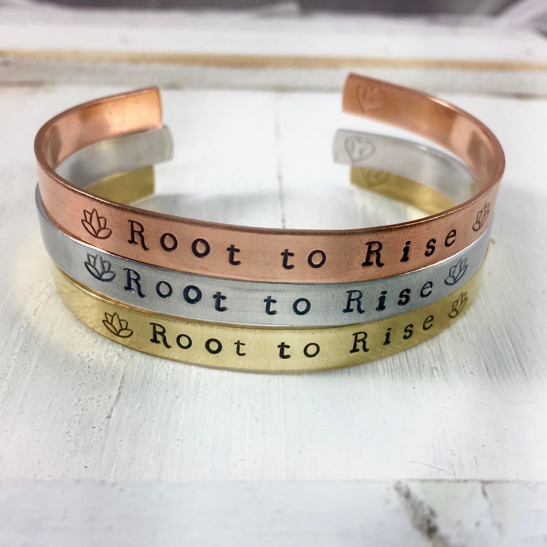 Yoga gift for her Lotus Yoga Mantra Mantra Yoga Bracelet Hand Stamped Cuff Bracelet Root to Rise Bracelet- Yoga Jewelry