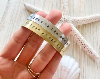As Free As The Ocean Hand Stamped Cuff Bracelet - Beach Jewelry - Enjoy the Journey - Sup Yoga - Be Free - Free Spirit