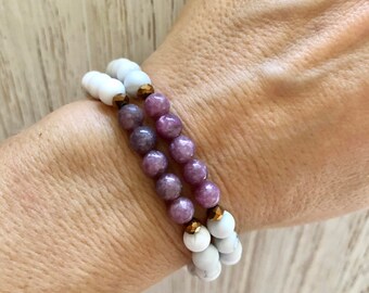 Lepidolite Mala Bracelet - Mala Beads - White Howlite Mala - Yoga Bracelet - Mala Bracelet Stack - Calm - Awareness - Mala Bracelet Stack