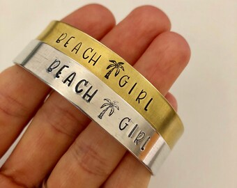 Beach Girl Hand Stamped Cuff Bracelet - Beach Jewelry - Surf Ocean Girl - Enjoy the Journey - Graduation - Sup Yoga - Ride the Wave - Surf
