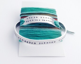 Lokah Samastah Sukhino Bhavantu - Yoga Bracelet - Hand Stamped Bracelet - Silk Wrap - May all beings be happy and free - yoga gift for her