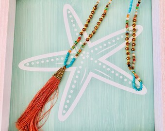 Turquoise Boho Tassel Necklace - Bohemian Jewelry - Yoga Jewelry - Yoga Necklace  - Namaste - Sparkly Tassel Necklace - Gift for Her