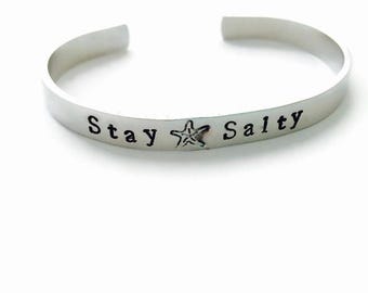 Stay Salty Hand Stamped Aluminum Cuff Bracelet - Beach Jewelry - Surf Ocean Girl Ride the Wave