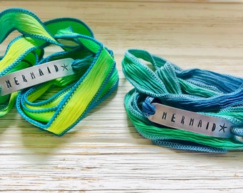 Mermaid Bracelet - Hand Stamped Silk Wrap Bracelet - Ocean Inspired - Beach Jewelry - Gifts for Her - surfer girl - beach girl